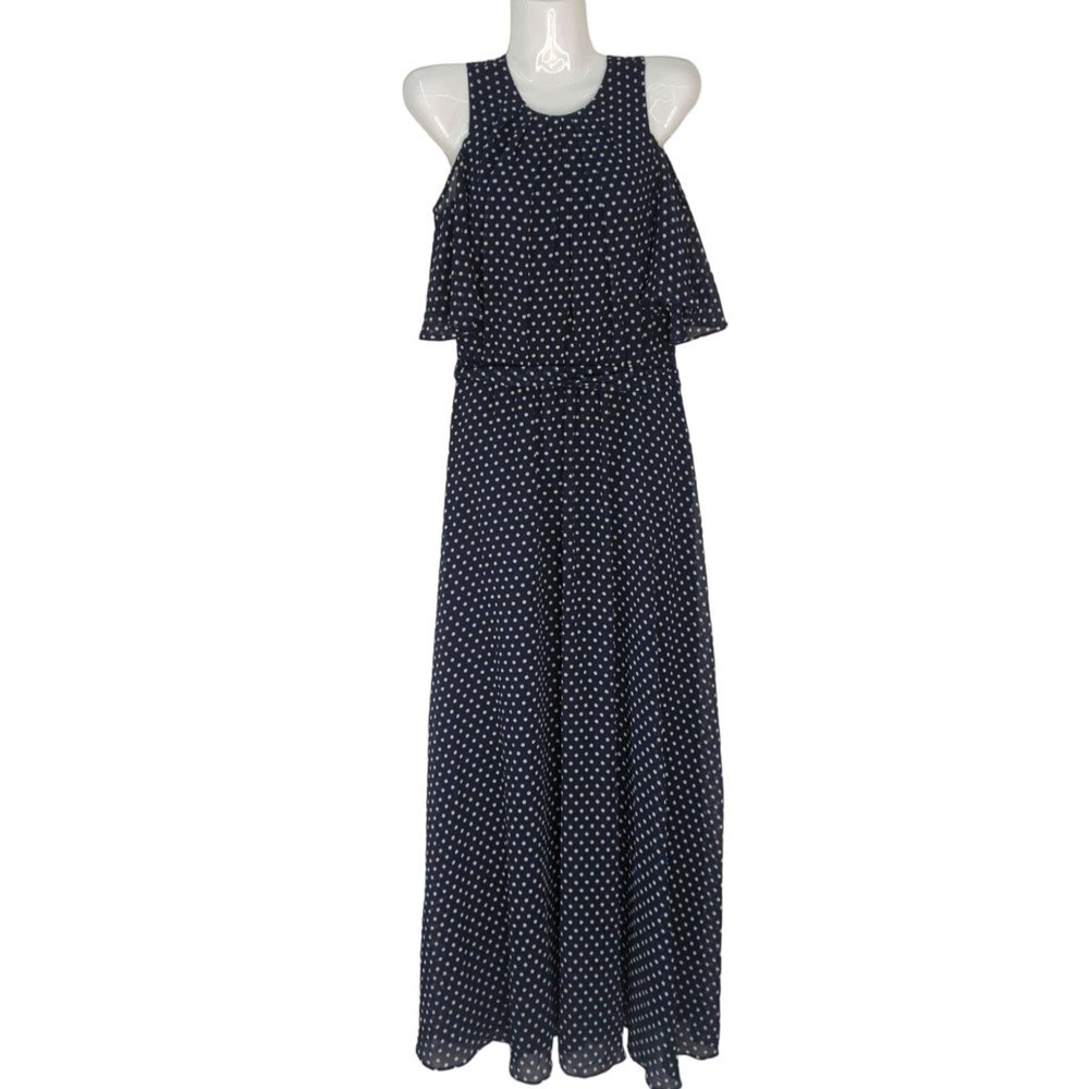 Calvin‎ Klein Women's Belted Polka Dot Peasant Dress Blue Size 2